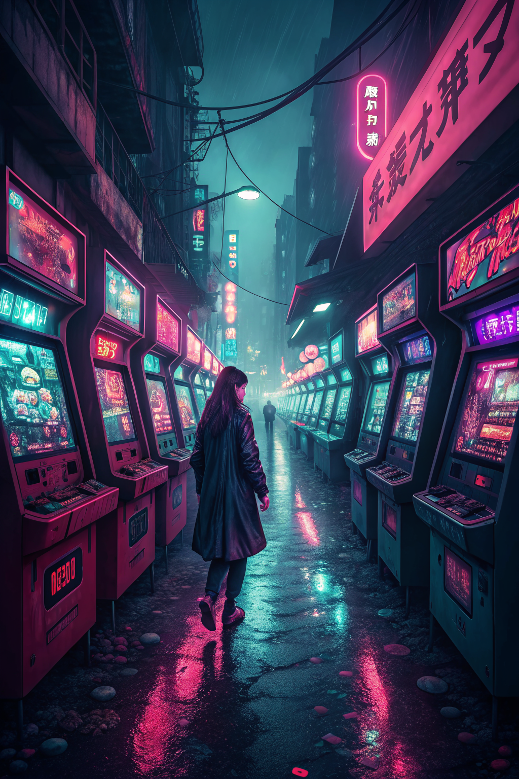 Heldaru Arcade — neon Tokyo alley scene from the app's mini-game hub